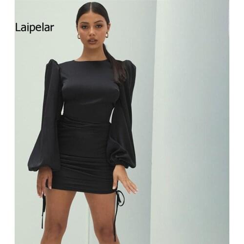 2021 Sexy Black Open Back Long Sleeve Dress Womens Lace Up Pleating Party Dresses