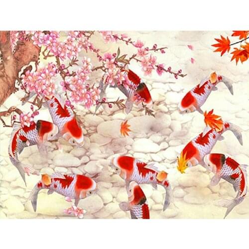 BMBY-Diamond Embroidery Koi Carp Fish Flower Diamond Diamond Painting Cross Stitch Kit Decoration Gift Round Diamond