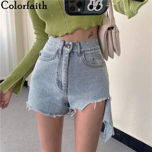 Colorfaith New 2021 Summer Women Shorts Wide Leg High Waist Denim Streetwear Fashionable Irregular Jeans Shorts Trousers P7135