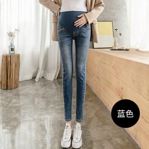Elastic maternity pants spring and autumn models hole small feet jeans nine points stomach lift jeans stretch pregnancy pants
