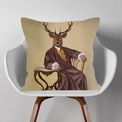 European Deer Fox Rabbit Dog Animals Cushion Covers Beige Linen White Polyester Pillow Case 45X45cm Sofa Decoration