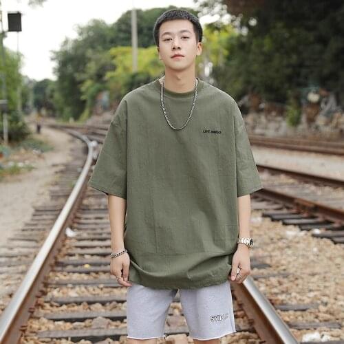 Mens T-Shirt Cotton Short-Sleeve Summer Solid Round Neck Pullover T-Shirt for Men Japanese Half Sleeve Loose Casual Mens Top