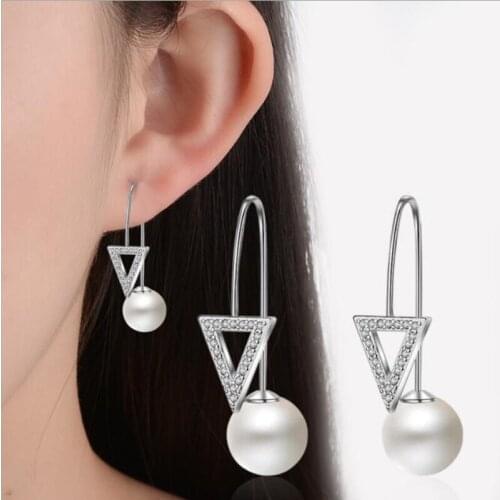 KOFSAC Fashion 925 Silver Earrings for Women Wedding Party Creative Micro-Inlay CZ Triangle Pearl Earring Lady Fine Jewelry Gift