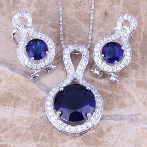 Amazing Blue Cubic Zirconia White CZ Silver Plated Earrings Pendant Necklace Jewelry Sets S0793