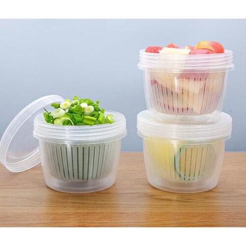 Kitchen Double-Layer Drain Box Fresh Food Container Crisper With Filter Water Basket, Onion Ginger, Chili Seasoning Storage Box