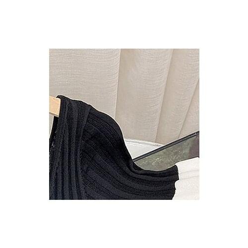 Summer Round Neck Deep V on Both Sides Wear Color-blocking Ruffled Knitted Dress Short-sleeved Lady Temperament Long Dress