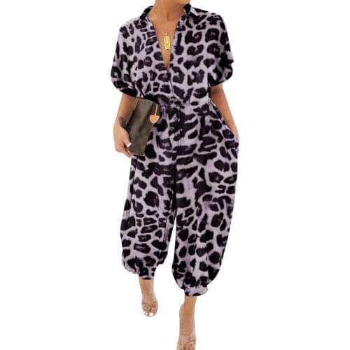 Cutubly Short Sleeve Sexy Jumpsuit Leopard Casual Jumpsuits for Women Turn-Down Neck Loose Jumpsuit Clubwear Women Sexy Jumpsuit
