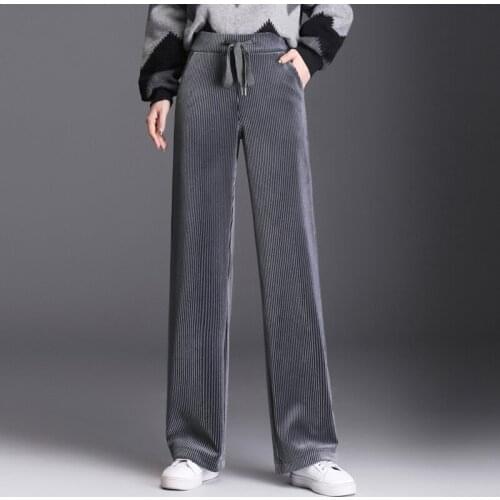 Fashion Corduroy Wide-leg pants Women clothing Plus size 4XL Stretch waist Pockets Straight Pants Casual Loose Female Trousers