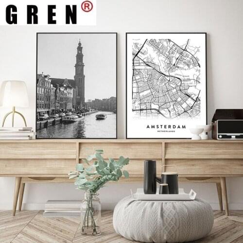 GREN Modular Amsterdam City Map Set Poster Print Black White Wall Art Picture Netherland Map Nordic Style Living Room Home Decor