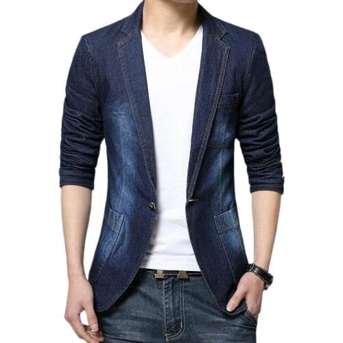 Mens Slim Fit Blazer Denim Blazer Cowboy Jacket Denim Blazer Men Slim Fit Cowboy Male Coats Single-breasted Leisure Mens Suit