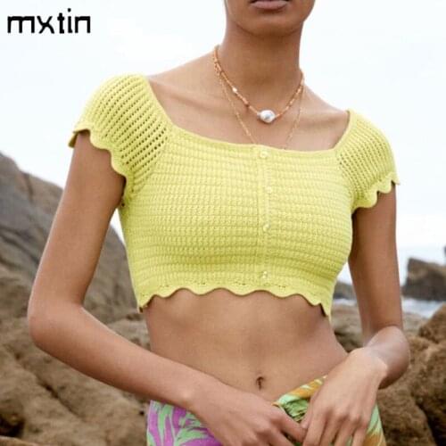 MXTIN 2021 Women Summer Vintage Solid Crochet Cropped Tops Tees Fashion Square Collar Single Breasted Casual Slim Chic Tops