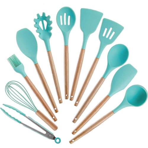 11pcs Kitchenware Sets Wooden Handle Non-stick Pot Silicone Spatula Kit Gadget Spatula Tongs Ladle Utensils Food Grade Cookware