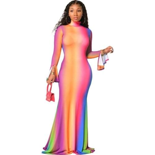 2021 New Product Colorful Printed Elegant Bodycon Midi Dresses For Women Long Sleeve Party And Wedding Gowns Wholesale