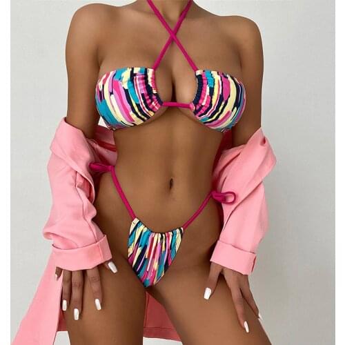 Sexy Colorful Halter Mini Thong Bikini Women Swimwear Female Swimsuit Two-pieces Bikini set Micro Bather Bathing Suit Swim Lady