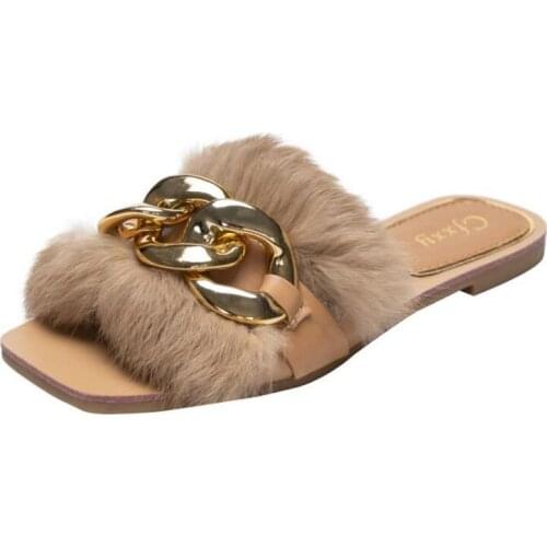 New Arrival Women Elegant Quality Plush Fur Slippers Ladies Fashion Vacation Personality Chain Beach Flips Flops Casual Sandals
