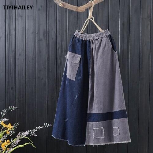 TIYIHAILEY Free Shipping 2020 New Fashion Long Mid-Calf A-Line Skirt Women Elastic Waist Winter Corduroy Denim Skirt With Pocket