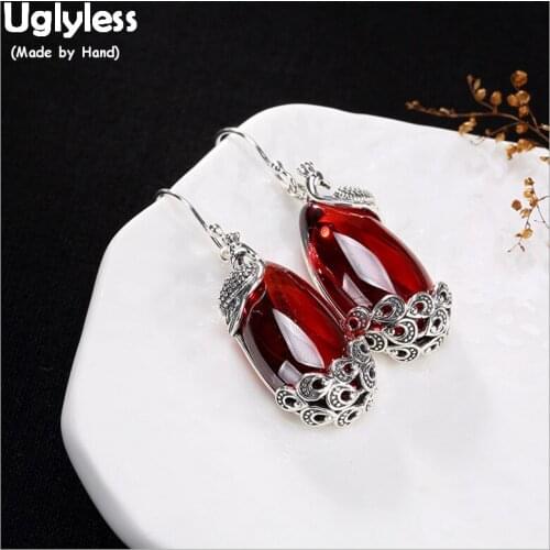 Uglyless Vintage Ethnic Peacock Earrings for Women Exotic Handmade Chalcedony Fine Jewelry Solid 925 Thai Silver Earrings Gems