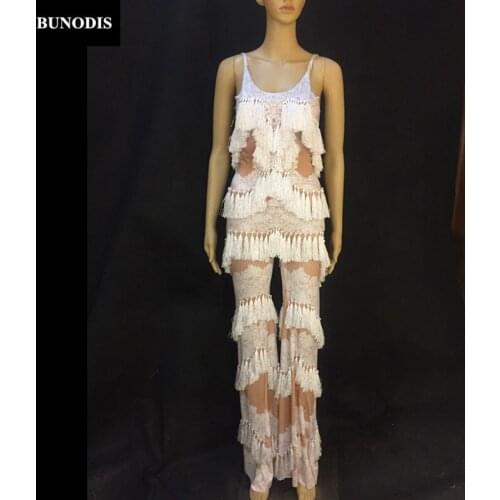 ZD122 White Tassel Fashion Women Bodysuit Birthday Party Nightclub Backless Jumpsuit Stage Wear Singer Dancer Costume Beautiful