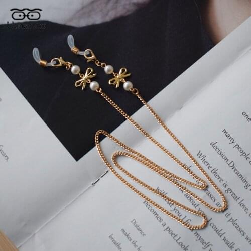Gold Glasses Chain for Women Metal Bowknot Imitation Pearls Pendant Mask Sunglasses Chains Hanging Neck Eyewear Lanyard Strap