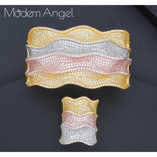 ModemAngel Fashion Luxury Waves Super Shiny AAA Cubic Zirconia Women Width Bridal Bangle Ring Sets aretes de mujer modernos