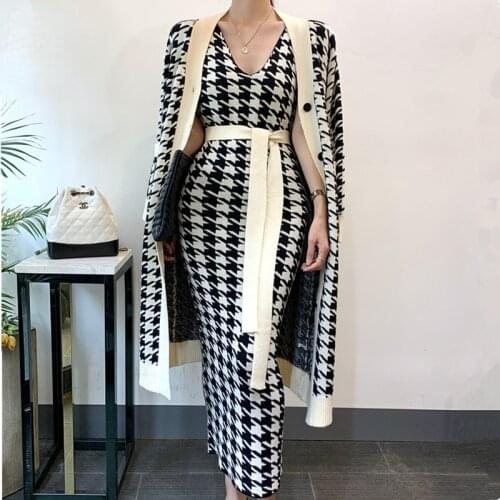 Houndstooth Sweater Coat Dress Suit Women Sexy V-Neck Lace Up Long Vest Dresses + Single Breasted Cardigan Two Piece Set