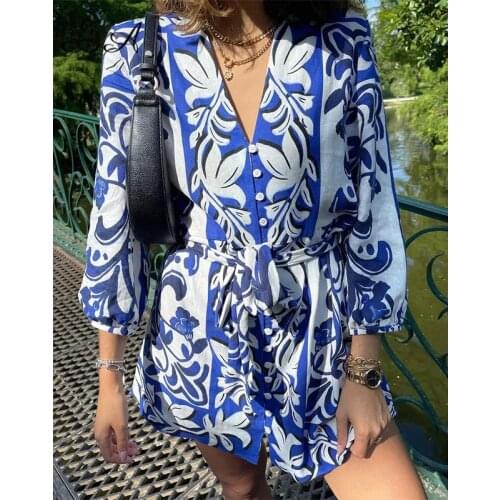 2021 Summer New Ladies Dress Digital Printing Single-breasted V-neck Three-quarter Sleeves High Waist Skirt Woman Clothing WE362