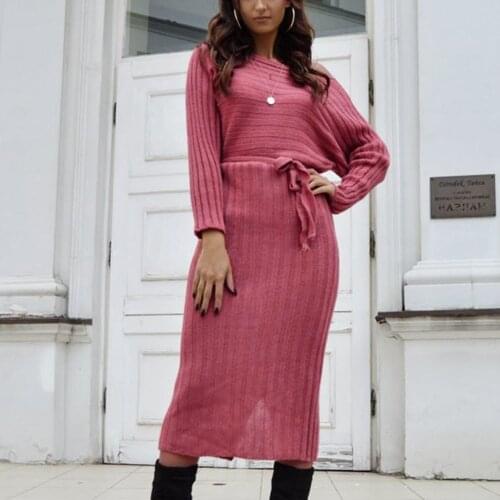 Women Sexy Sweaters Dress Autumn Off Shoulder Loose Solid Color Dress With Belt Elastic Batwing Sleeve Knitted Pullover Dress
