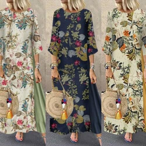 2019 New Boho Women Maxi Dress Ladies Summer Shortsleeve Floral Print Loose Long Sundress Plus Size S-5XL