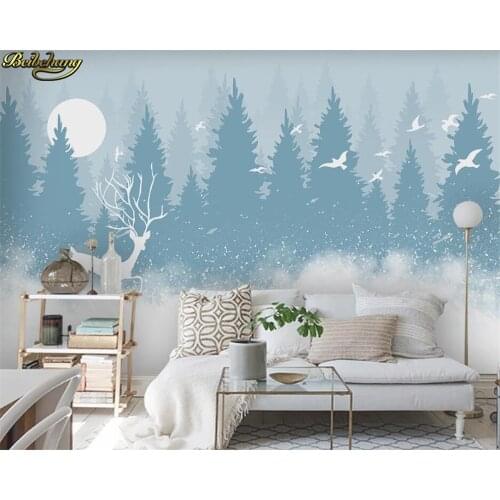 Beibehang Custom 3d wallpaper mural Nordic hand-painted forest elk mood mood bird childrens room background wall paper