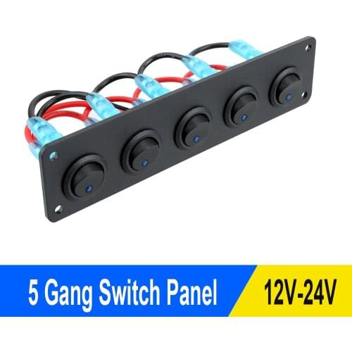 5 Gang Round Dash Rocker Switch Panel 12-24V Marine Circuit Control Breaker Blue LED for RV Yacht Marine Auto Accessories