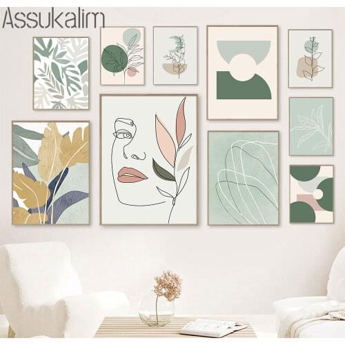 Abstract Canvas Poster Girl Face Art Line Drawing Plant Leaves Prints Minimalist Painting Modern Living Room Home Decoration