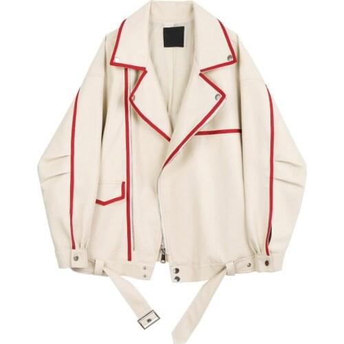 Beige leather biker jacket women long sleeve zipper Faux leather jackets women Plus size moto jacket women