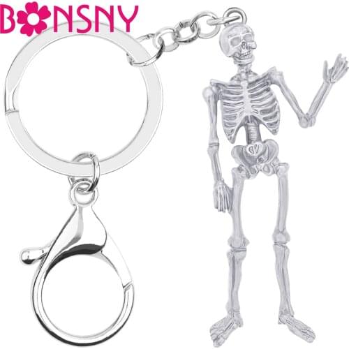 Bonsny Halloween Alloy Antique Gold Plated Skull Keychains Skeleton Keyring Jewelry For Women Girl Kids Festival Gift Bag Charms