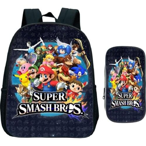 Children Mario Bros Kindergarten School Rucksack Kids Cartoon Anime Primary Backpack Gift (2pcs Set/Bookbag+Pen Bag)