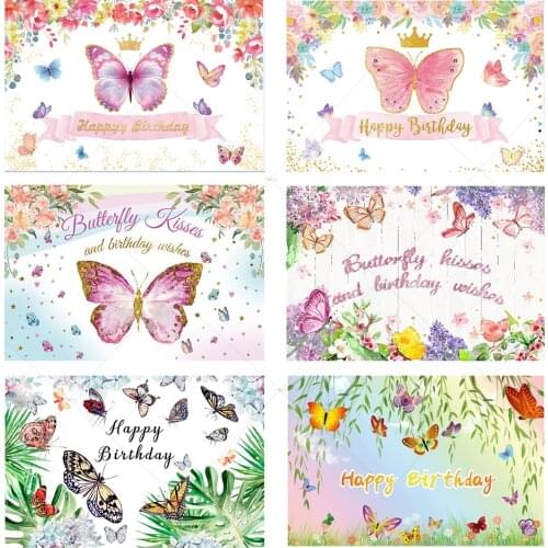 Color Butterfly Backdrop Watercolor Flower Princess Girls Birthday Cake Smash Cake Table Decoration Photo Background Photography