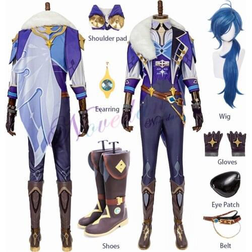 Genshin Impact Kaeya Cosplay Outfit Knight Combat Boots Uniform Earring Wig Anime Game Halloween Party Costume For Men Women