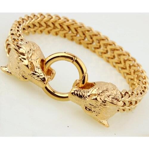 Granny Chic cool man wolf braceletS fashion box squared double cut chain 12mm stainless steel gold color animal bracelet men