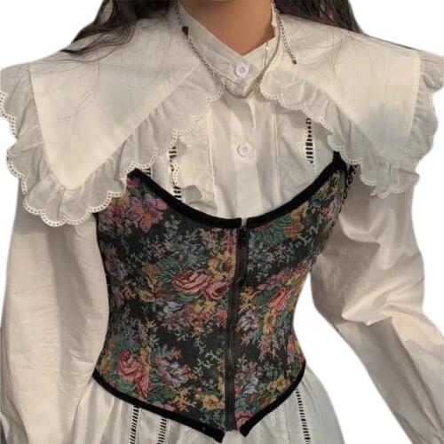 Camisole Corset Ladies Overbust Corset French Design Floral Vintage Tank Vest Top Bustier with Elastic Belt Waist