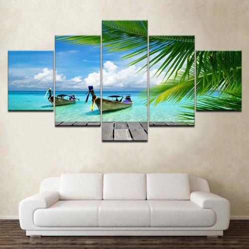 Canvas Painting 5 Pieces Beach Blue Palm Trees Painting Wall Art Anime Home Living Room Decor Panels Poster Modular Pictures