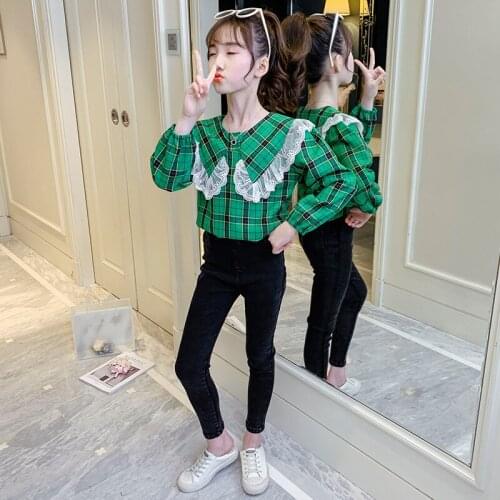Girls Suits Blouse +Pant Sets 2021 Lapel Spring Autumn High Quality Formal Party Outfits Sport Teenagers Kids Cotton Tracksuits