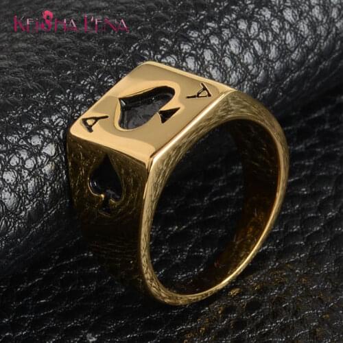 HIP Hop Micro Pave Iced Out Bling Big Square Spades Poker IP Plating Gold Color Stainless Steel Rings for Men Jewelry