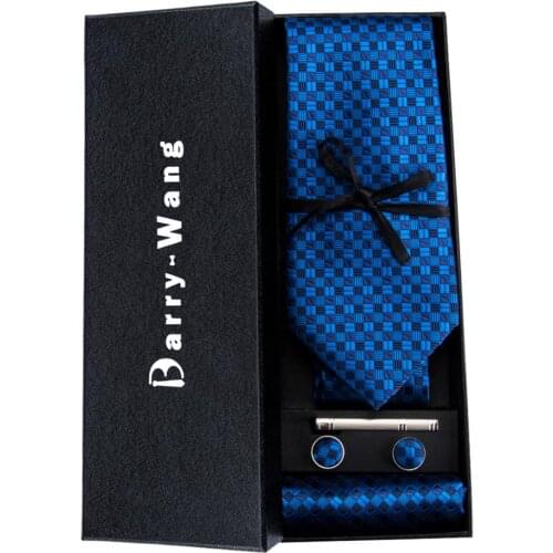 TS-561 Barry.Wang New Mens Tie Hanky Cufflinks Set With Gift Box Blue Plaids Fashion Ties For Men Wedding Business Party Groom