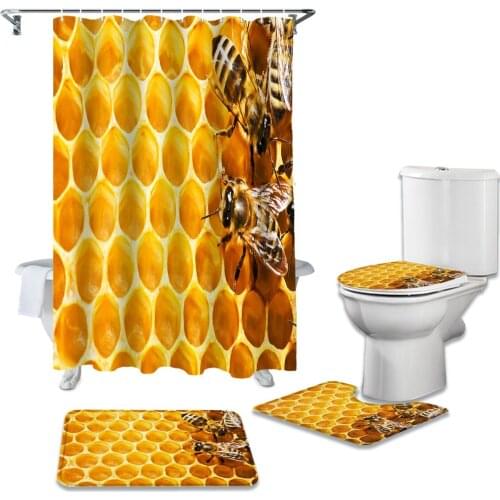 Bathroom Shower Curtain and Rug Sets Yellow Bee Hive Pattern Toilet Lid Cover Bath Mat Waterproof Shower Curtains Set