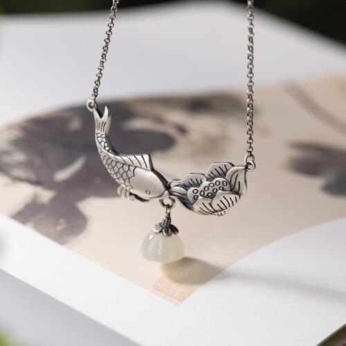 Natural 925 sterling silver carp lotus inlaid hetian jade retro pendant jewellery fashion for women lucky