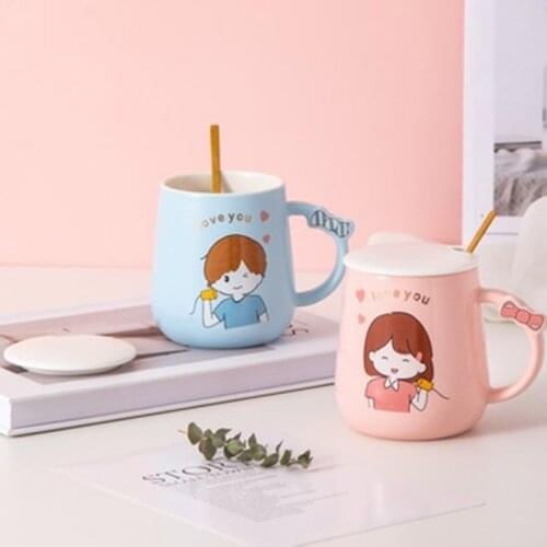 New 400mL Cartoon Boys/Girls Couple Coffee Mug with Bow Pattern Handle Creative Large Capacity Milk Cearmic Cup Gift for Friend