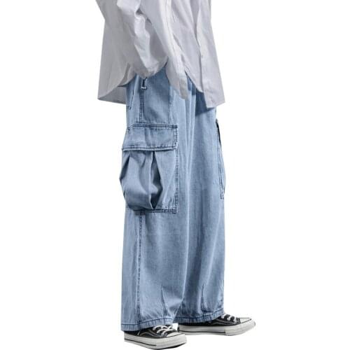 Pantalones vaqueros de pierna ancha para hombre, pantalón holgado recto con bolsillos grandes, estilo de Hong Kong, tendencia sa