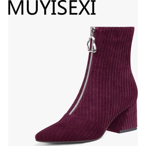 Front zipper 5.5cm high heels corduroy streetwear dating popular pointed toe beauty lady classic cozy ankle boots HL287 MUYISEXI