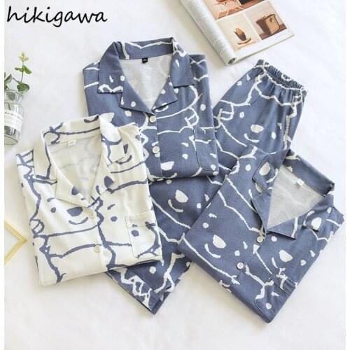 Hikigawa Pajamas Set for Women Cute Cartoon Bear Pypamas Women Long Sleeve Trousers Nightwear Home Service Set Sleepwear 97630