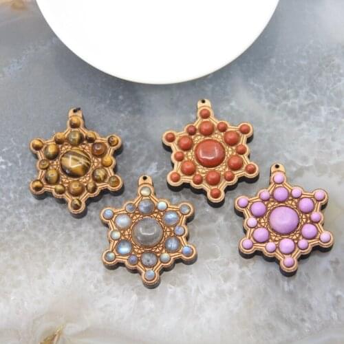 1pcs Handmade Wood Paved Natural Stone Hexagon Pendants Charms For Fashion Woman Necklace DIY Jewelry Making Accessories