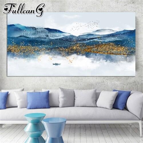 FULLCANG Blue and Golden Mountain Landscape large diamond painting 5d diy full square round drill mosaic embroidery kits FC3570